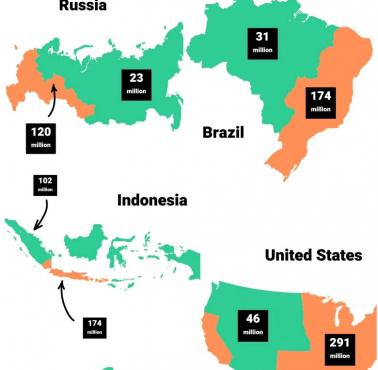 Mapa pokazuje, gdzie zamieszkuje większość obywateli takich państw, jak: Rosja, Chiny, Indonezja, Egipt, USA, Kanada, Brazylia