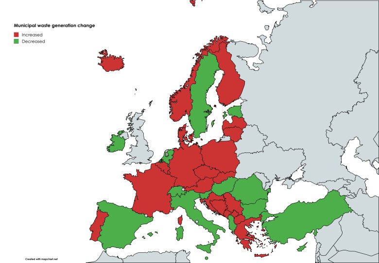 Zmiana ilości wytwarzanych odpadów na mieszkańca w Europie w latach 2004-2022