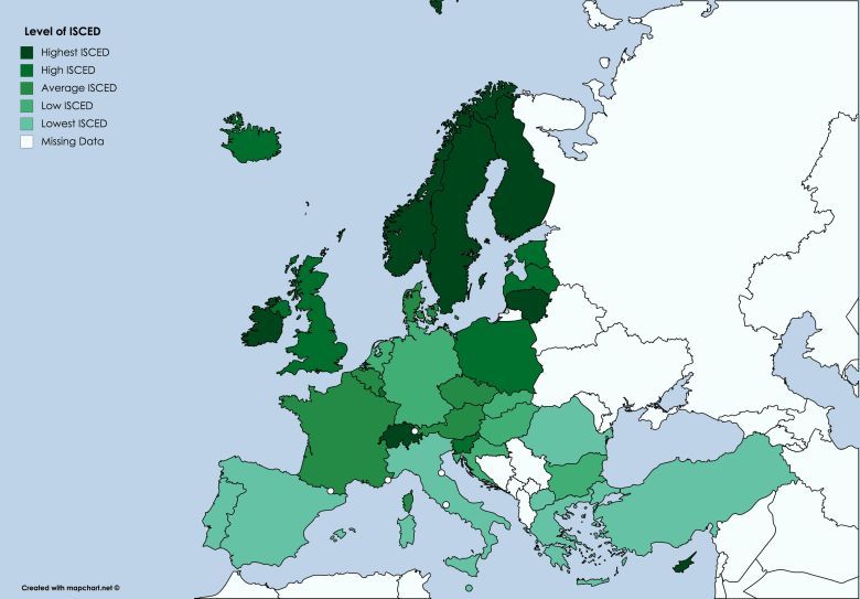 Kraje europejskie według poziomu osiągnięć akademickich w wieku 25-54 lat w oparciu o ISCED, od 2016