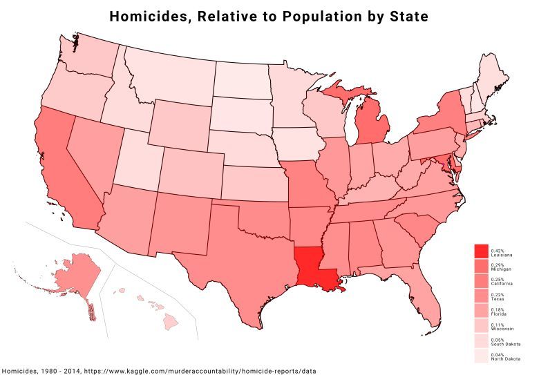 Ryzyko zabójstw w stosunku do populacji według stanu USA, dane 1980-2014