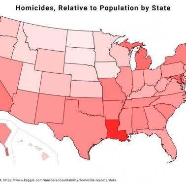 Ryzyko zabójstw w stosunku do populacji według stanu USA, dane 1980-2014