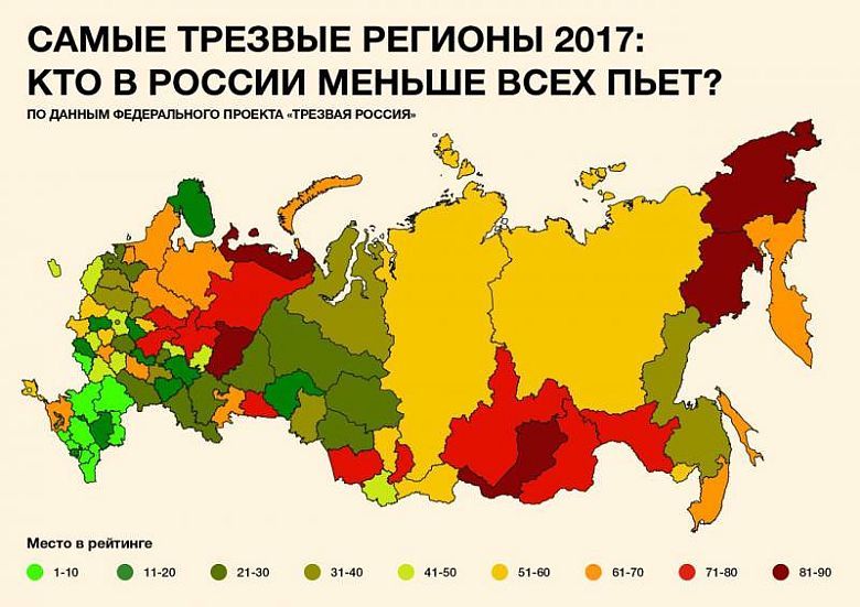 Regiony Rosji, w których pije się najmniej alkoholu, 2017