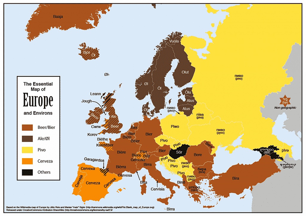 Słowo piwo w różnych językach Europy