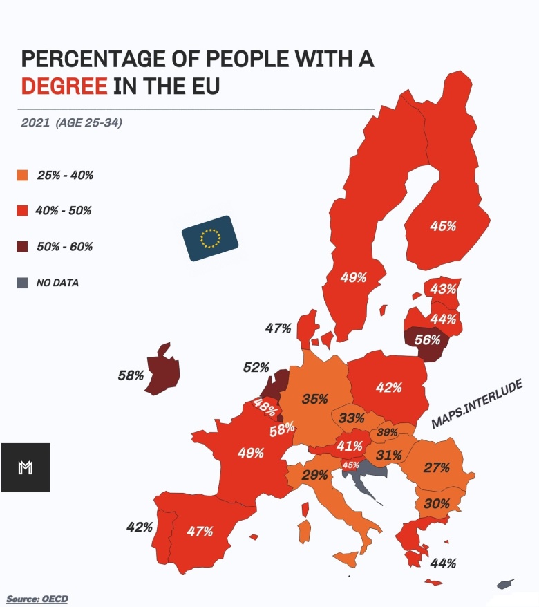 Odsetek mieszkańców Europy (w wieku 25-34), którzy mają wyższe wykształcenie, 2021