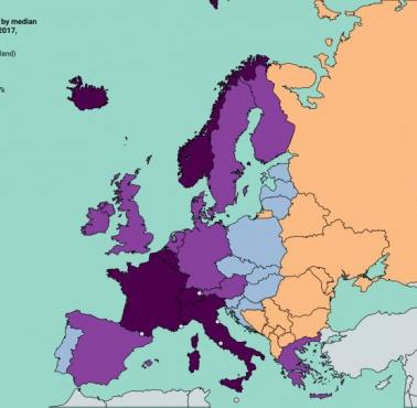 Kraje europejskie według mediany zamożności na osobę dorosłą w 2017 r., Credit Suisse