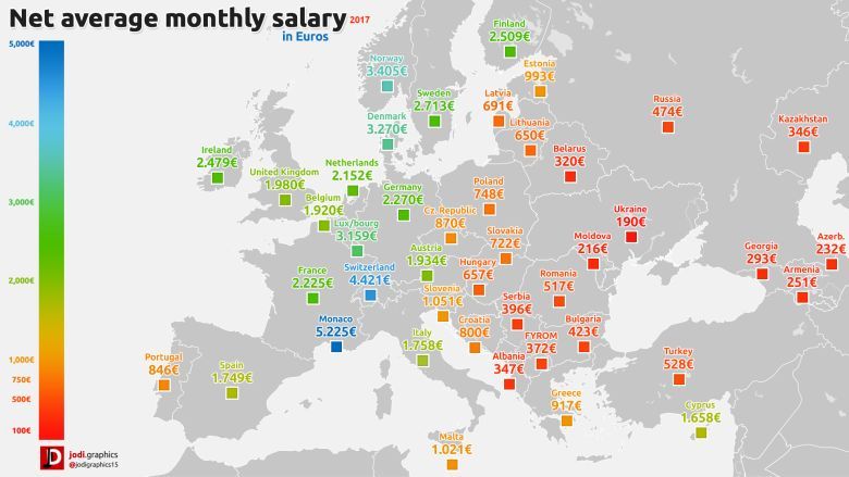 Przeciętne miesięczne wynagrodzenie netto w krajach europejskich, 2017