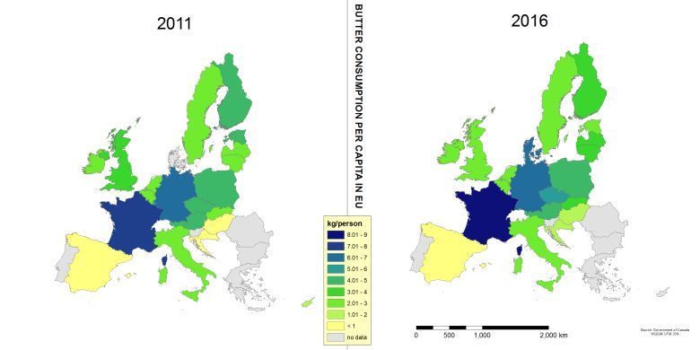 Spożycie masła na mieszkańca w UE 2011/2016