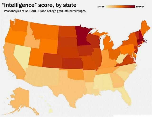 Średni poziom inteligencji w USA (według stanu)