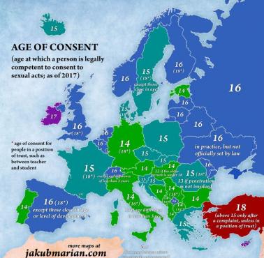 Wiek zgody (wyrażenia ważnej prawnie zgody na czynności seksualne) w poszczególnych krajach Europy, 2017