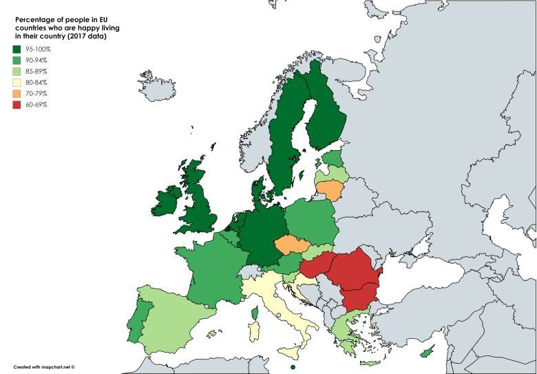 Odsetek osób w krajach UE, które są szczęśliwe w swoim kraju, dane za 2017
