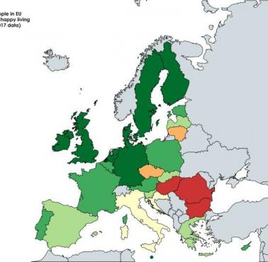 Odsetek osób w krajach UE, które są szczęśliwe w swoim kraju, dane za 2017