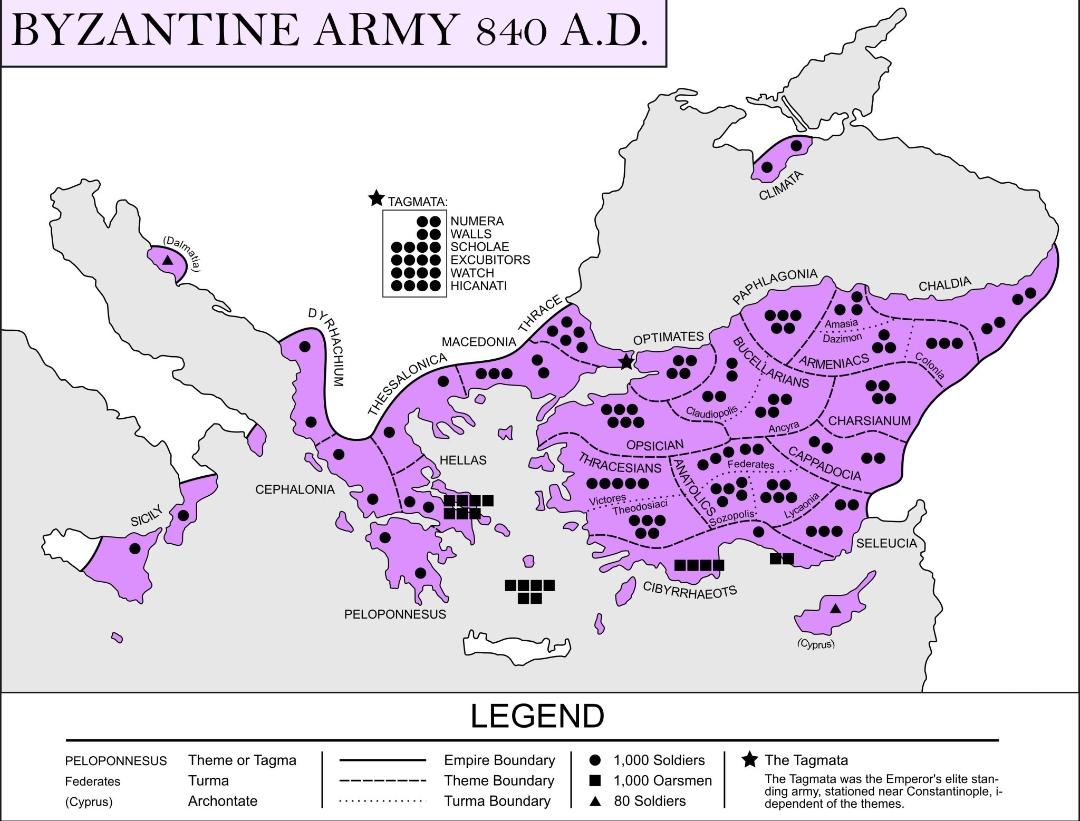 Mapa Bizancjum z uwzględnieniem rozmieszczenia legionów, 840 rok