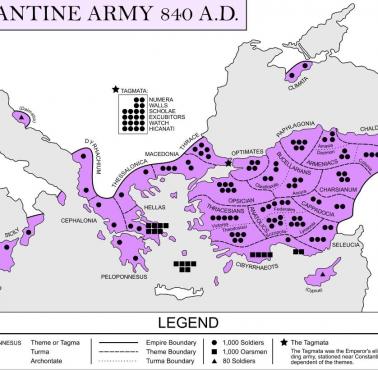 Mapa Bizancjum z uwzględnieniem rozmieszczenia legionów, 840 rok