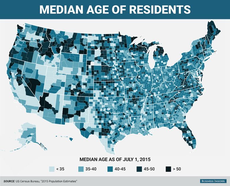 Mediana wieku mieszkańców poszczególnych stanów USA, 2015