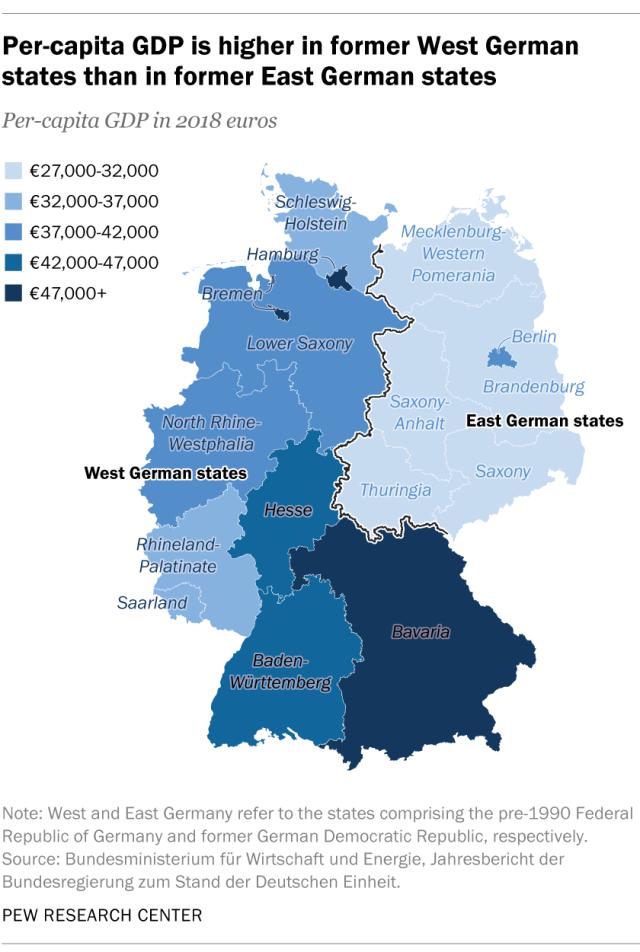 Niemiecki PKB na osobę z podziałem na kraje związkowe, 2018