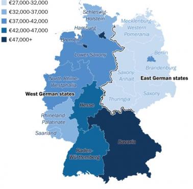 Niemiecki PKB na osobę z podziałem na kraje związkowe, 2018