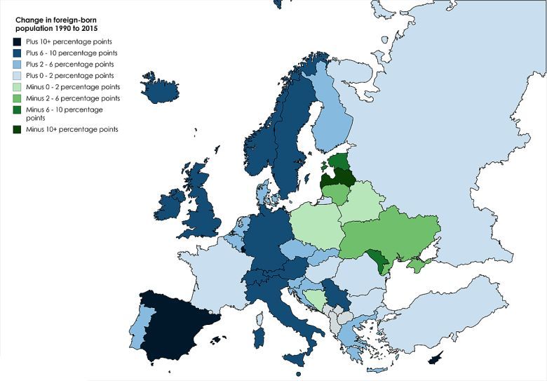 Zmiana liczby ludności urodzonej za granicą w krajach europejskich w latach 1990-2015