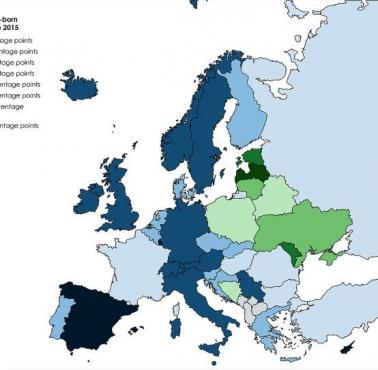 Zmiana liczby ludności urodzonej za granicą w krajach europejskich w latach 1990-2015