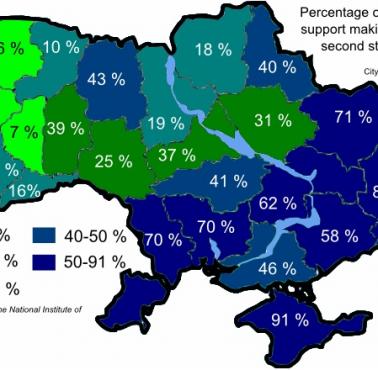 Poparcie dla języka rosyjskiego jako drugiego oficjalnego przez regiony Ukrainy, według badań z 2005