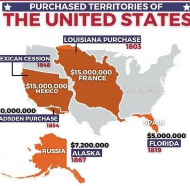 Terytoria nabyte przez USA - od Rosji (1867), Francji (1803), Hiszpanii (1819), Meksyku (1854)