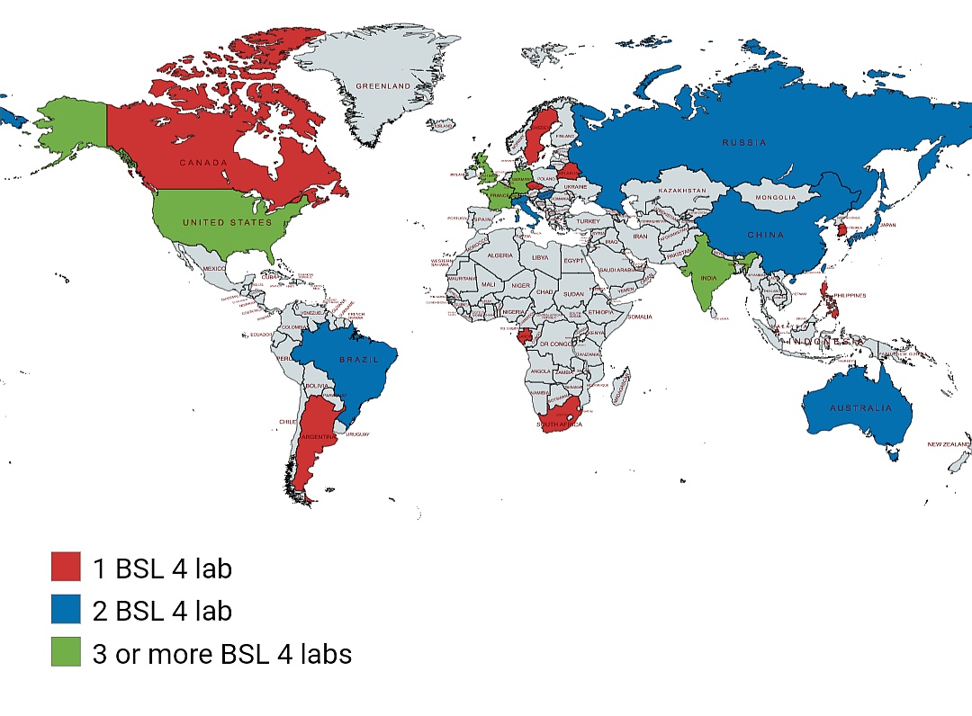 Mapa laboratoriów biologicznych BSL 4 na całym świecie, czyli laboratoriów, w których znajdują się wysoce zakaźne choroby ...