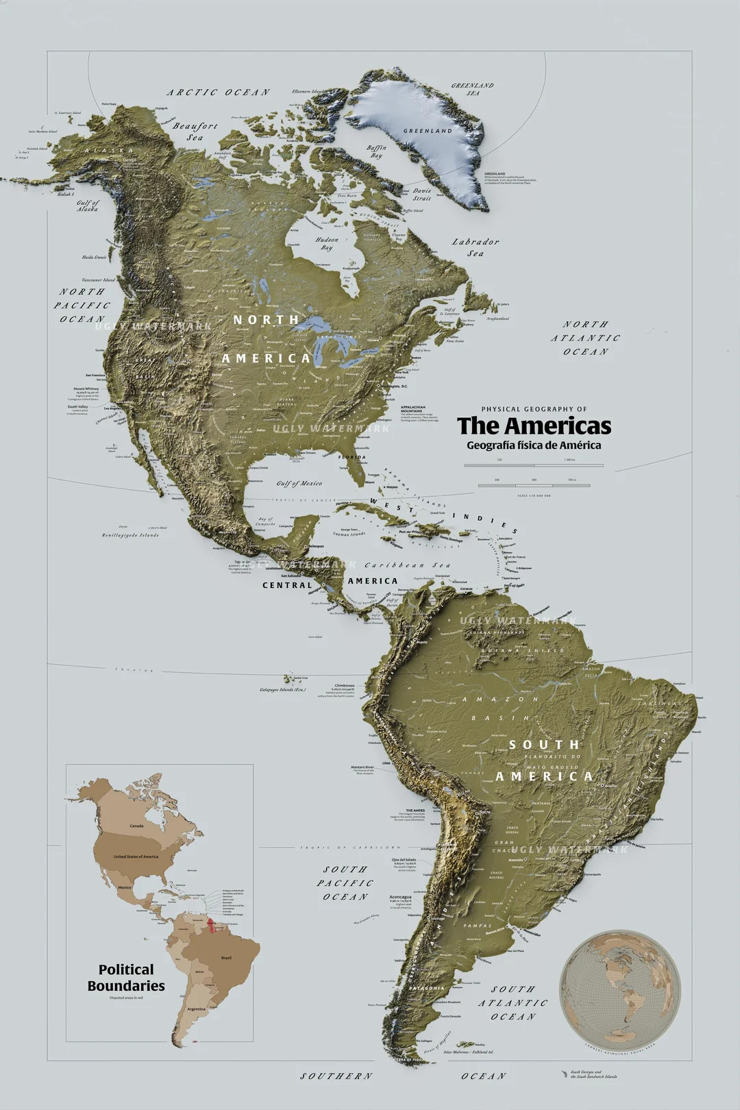 Reliefowa mapa obu Ameryk