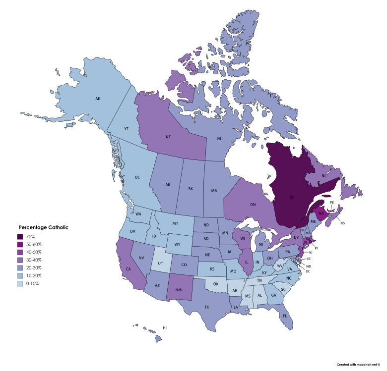 Odsetek katolików w USA i Kanadzie, 2011 i 2013