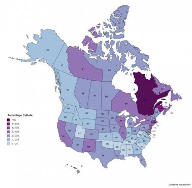 Odsetek katolików w USA i Kanadzie, 2011 i 2013