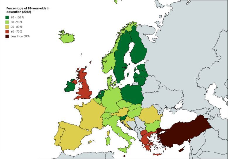 Odsetek uczących się 18-letnich Europejczyków