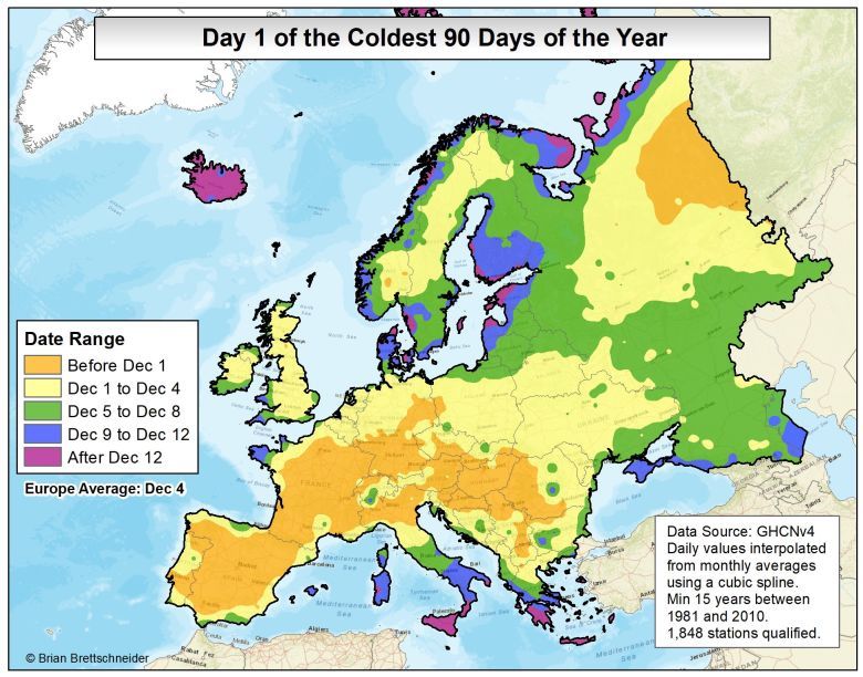 Kiedy wypada pierwszy dzień najzimniejszego 90-dniowego okresu w roku, Europa