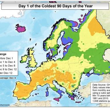 Kiedy wypada pierwszy dzień najzimniejszego 90-dniowego okresu w roku, Europa