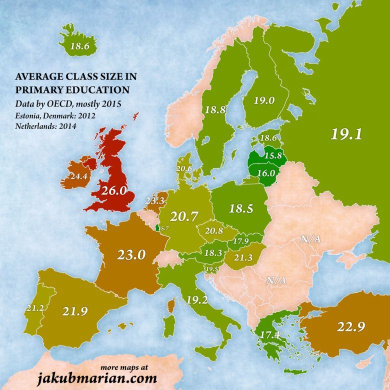 Średnia wielkość klasy w szkole podstawowej w poszczególnych krajach Europy, 2015