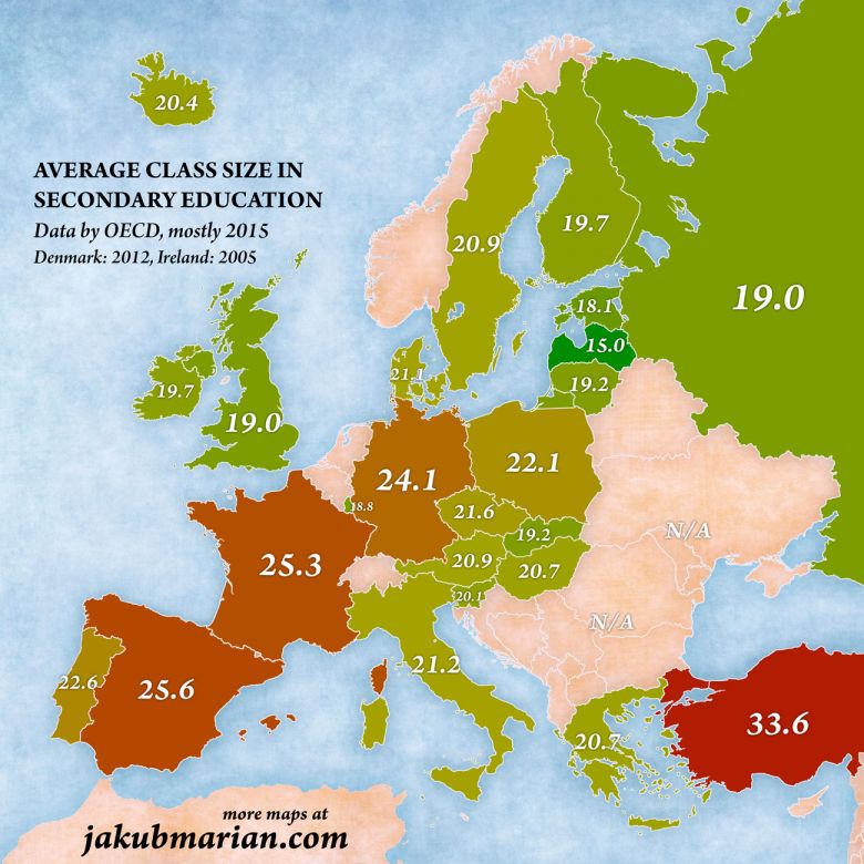Średnia wielkość klasy w gimnazjum w poszczególnych krajach Europy, 2015