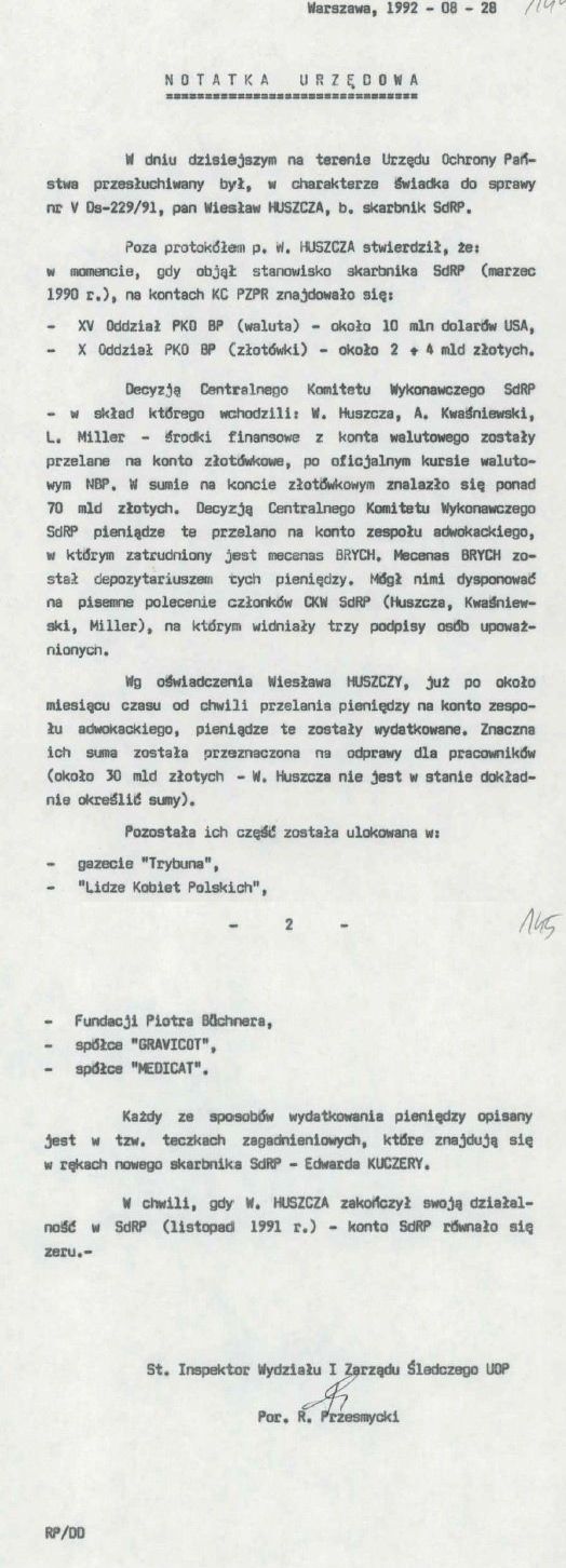 Akta sprawy moskiewskiej pożyczki (w transferze ponad 1 mln. dolarów dla PZPR/SDRP od KPZS w styczniu 1990 pośredniczył KGB)