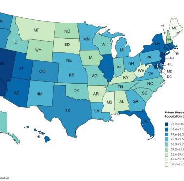 Odsetek mieszkańców obszarów miejskich w poszczególnych stanach USA, 2010