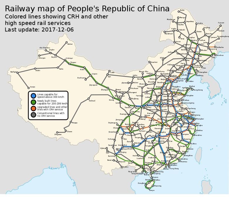 Mapa kolejowa Chin, stan 2017.12. Widać wyraźnie, w którym kierunku będzie prowadzony NJS