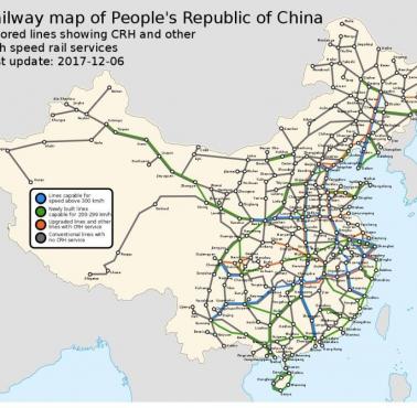 Mapa kolejowa Chin, stan 2017.12. Widać wyraźnie, w którym kierunku będzie prowadzony NJS