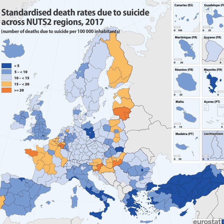 Wskaźnik samobójstw w Europie - 2017 (na 100 000 osób)