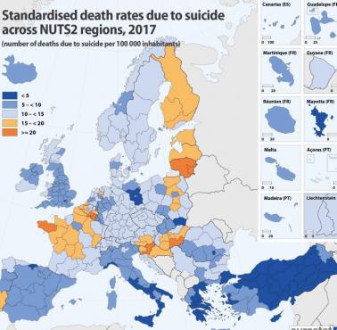 Wskaźnik samobójstw w Europie - 2017 (na 100 000 osób)