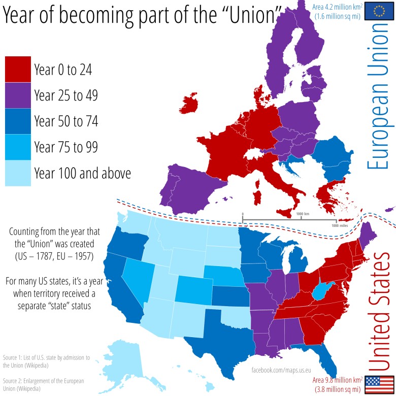 Rok, w którym stan lub kraj stał się członkiem „Unii”, licząc od 1787 r. dla USA i od 1957 r. dla UE