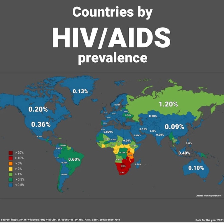Kraje według wskaźnika rozpowszechnienia wirusa HIV/AIDS wśród osób dorosłych, 2021