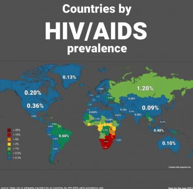 Kraje według wskaźnika rozpowszechnienia wirusa HIV/AIDS wśród osób dorosłych, 2021