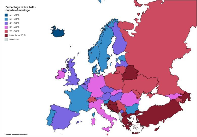Odsetek dzieci w Europie urodzonych poza związkiem małżeńskim