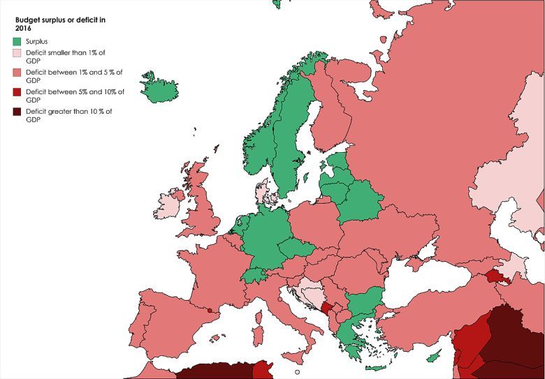 Nadwyżka lub deficyt budżetowy w krajach europejskich w 2016 roku