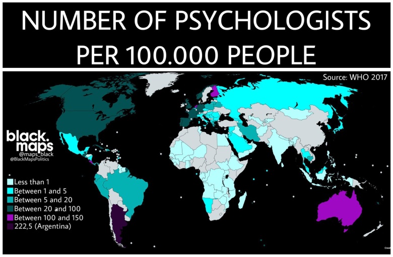 Psychologowie na 100 tys. mieszkańców na świecie, WHO, 2017