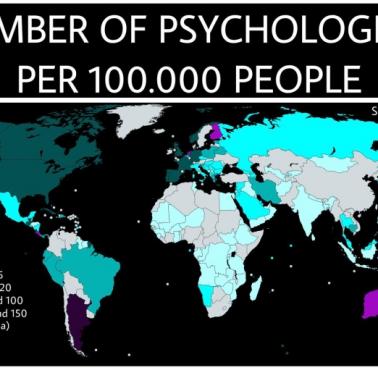 Psychologowie na 100 tys. mieszkańców na świecie, WHO, 2017