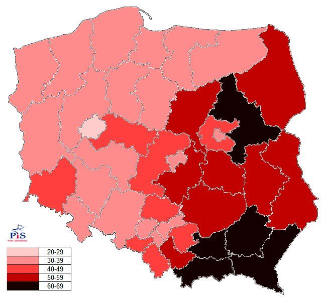 Poparcie w okręgach dla PIS na podstawie prognozy z 29 grudnia 2017