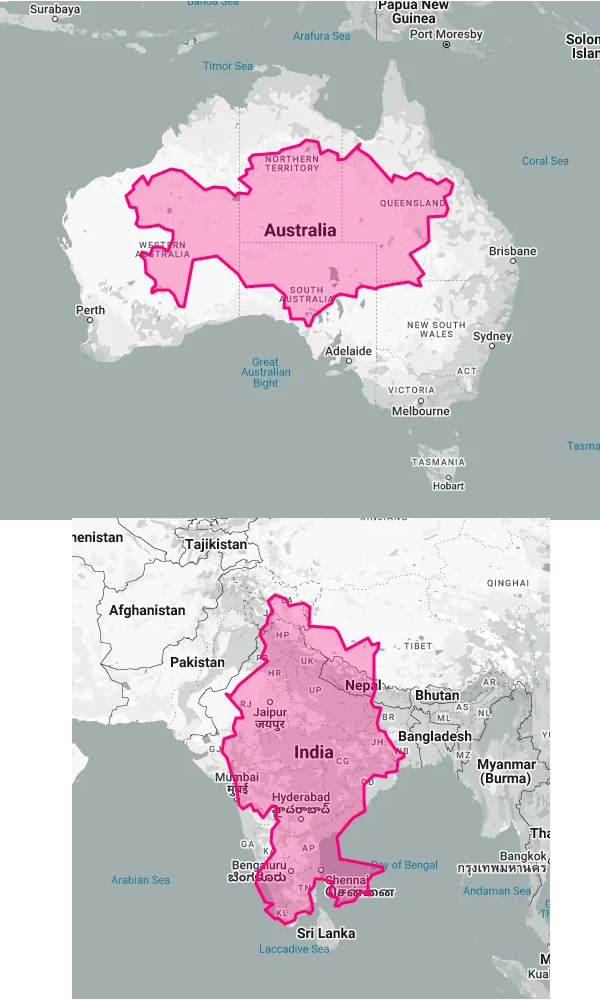Rozmiar Kazachstanu na tle Australii i Indii