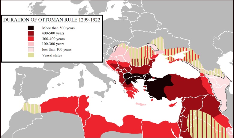 Terytoria pod panowaniem Imperium Osmańskiego (obecna Turcja) z liczbą lat kiedy były częścią państwa, 1299-1922