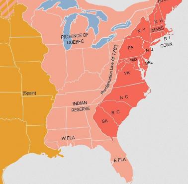 Efekt wygranej wojny Brytyjczyków z Francuzami w Ameryce Północnej, stan na 1775